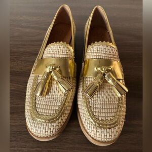 Tory Burch Gold Raffia Tassel Loafers Woven Flats Size 8.5 Brazil BxA